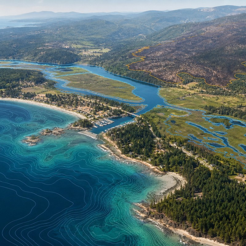 Aerial view of a coastline with turquoise water, sandy beaches, and pine forests meeting distant hills.