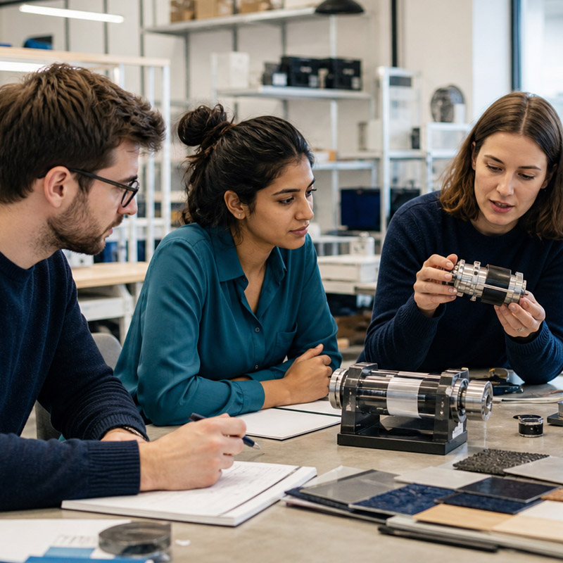 Three people in a workshop examine a metal mechanical component together at a table with notebooks and samples nearby.