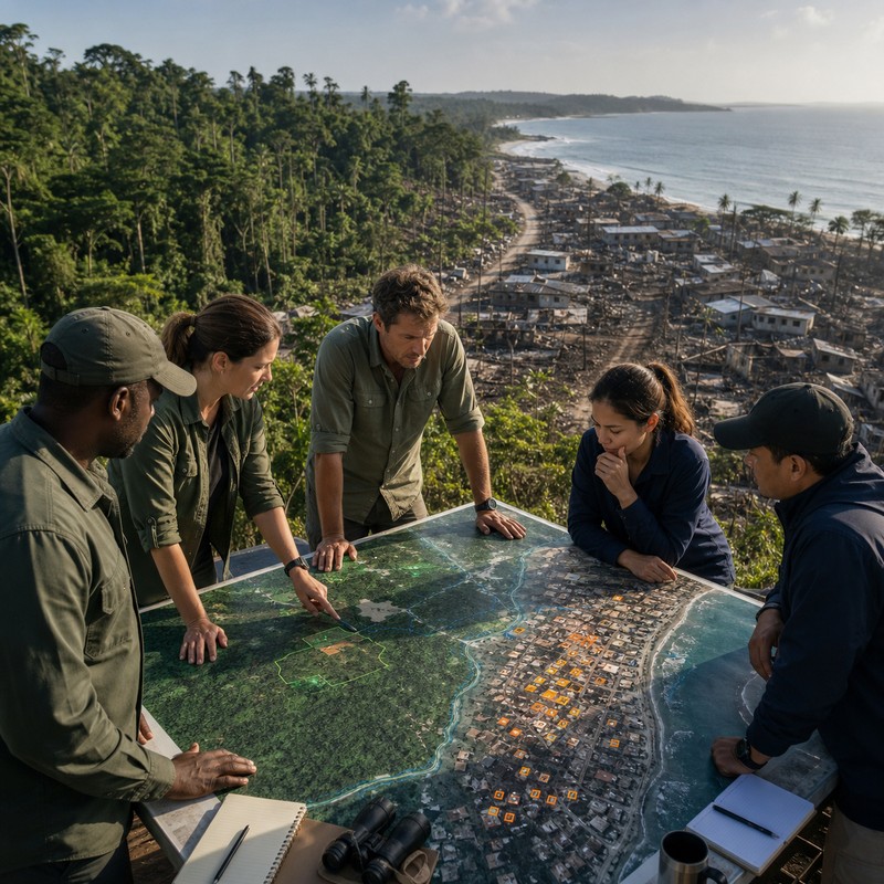 Decision-makers using mapped environmental change to plan disaster response and forest protection.