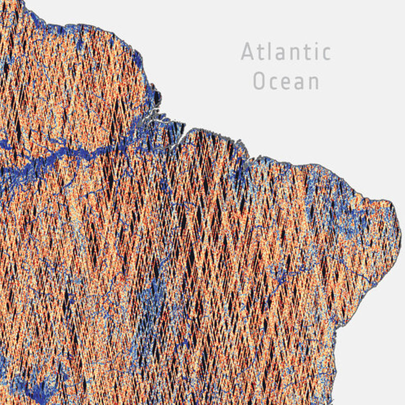 Textured map-like coastline with orange and blue patterns, labeled Atlantic Ocean