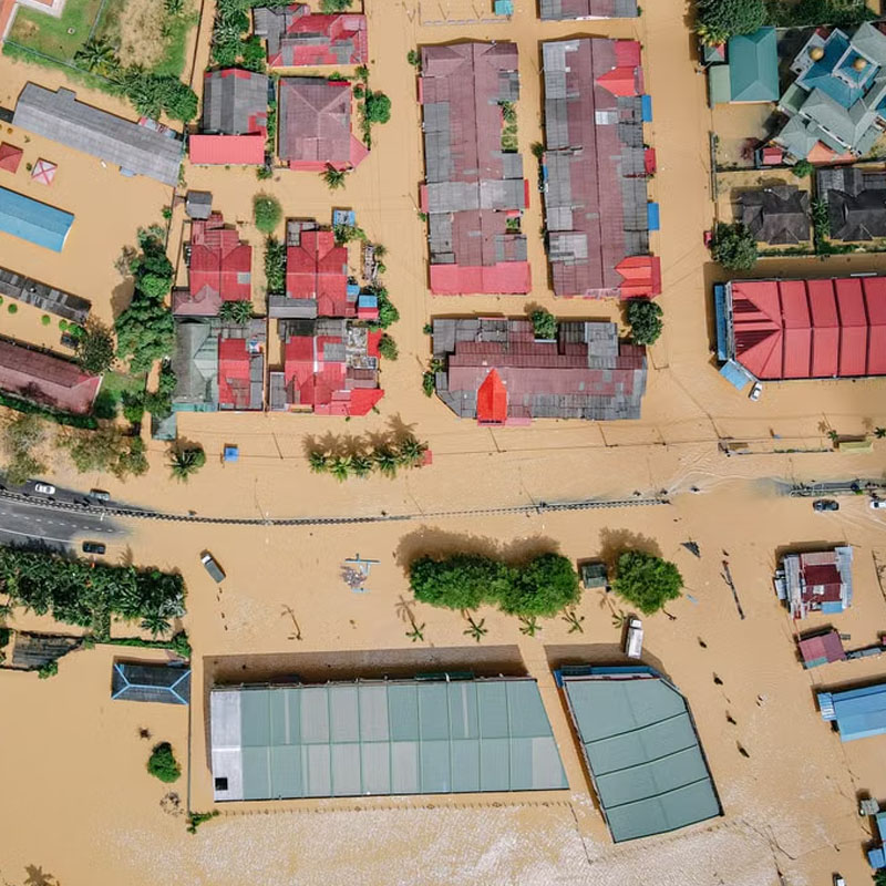 Aerial view of a riverine town with floodwaters surrounding houses and streets, muddy brown water pooling around red-roofed buildings and palms.